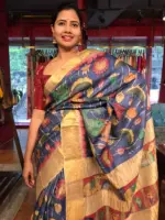 Blue Pen Kalamkari Tussar Silk Saree - Image 6