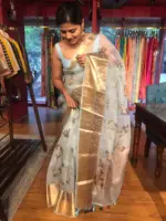 Baby Blue Printed Organza Silk Saree highlighted with Kanchi Zari Border - Image 4