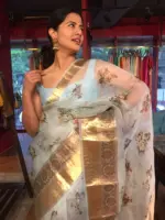 Baby Blue Printed Organza Silk Saree highlighted with Kanchi Zari Border