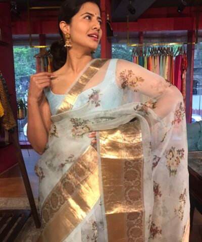Baby Blue Printed Organza Silk Saree highlighted with Kanchi Zari Border