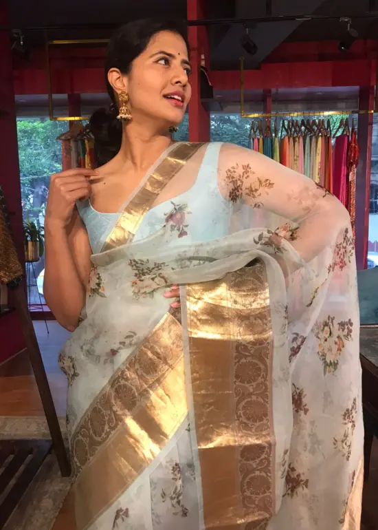 Baby Blue Printed Organza Silk Saree highlighted with Kanchi Zari Border
