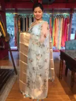 Baby Blue Printed Organza Silk Saree highlighted with Kanchi Zari Border - Image 2