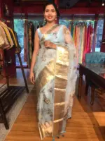 Baby Blue Printed Organza Silk Saree highlighted with Kanchi Zari Border - Image 7