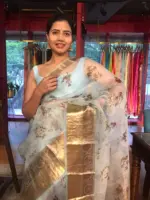 Baby Blue Printed Organza Silk Saree highlighted with Kanchi Zari Border - Image 5