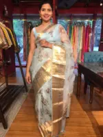 Baby Blue Printed Organza Silk Saree highlighted with Kanchi Zari Border - Image 3
