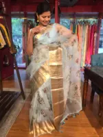 Baby Blue Printed Organza Silk Saree highlighted with Kanchi Zari Border - Image 6