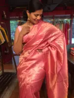 Baby Pink Tussar Silk Saree with Gold Zari Striped Weaves - Image 5