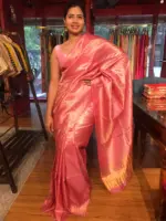 Baby Pink Tussar Silk Saree with Gold Zari Striped Weaves - Image 2