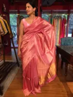 Baby Pink Tussar Silk Saree with Gold Zari Striped Weaves - Image 4