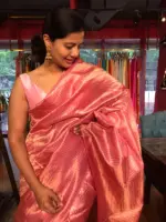 Baby Pink Tussar Silk Saree with Gold Zari Striped Weaves