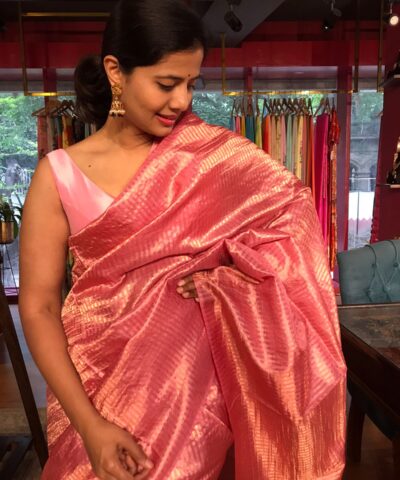 Baby Pink Tussar Silk Saree with Gold Zari Striped Weaves