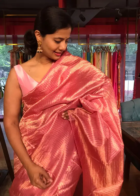 Baby Pink Tussar Silk Saree with Gold Zari Striped Weaves
