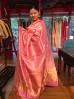 Baby Pink Tussar Silk Saree with Gold Zari Striped Weaves - Image 3