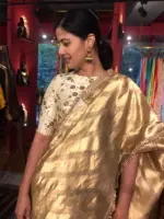 Ivory Gold Tissue Silk Saree woven in Leheriya Pattern - Image 6