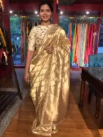 Ivory Gold Tissue Silk Saree woven in Leheriya Pattern - Image 3