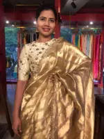 Ivory Gold Tissue Silk Saree woven in Leheriya Pattern - Image 8
