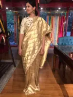Ivory Gold Tissue Silk Saree woven in Leheriya Pattern - Image 5