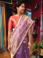 Purple Tissue Silk Saree with Gold Zari piping - Image 4