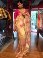 Gold Tissue Silk Saree highlighted with cross stitch embroidery - Image 5