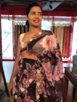 Wine Organza Silk Saree highlighted with Beautiful Cutdana and beads embroidery