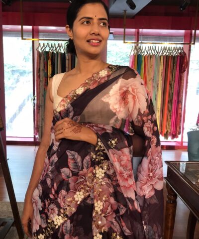 Wine Organza Silk Saree highlighted with Beautiful Cutdana and beads embroidery