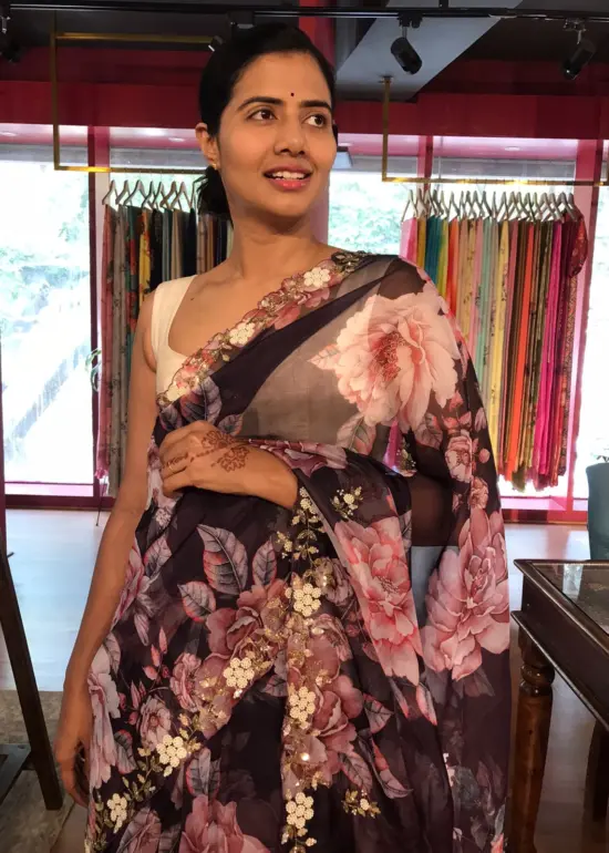Wine Organza Silk Saree highlighted with Beautiful Cutdana and beads embroidery