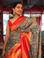 Blue Banarasi Silk Saree highlighted with Kalamkari Prints and Silk Border