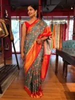 Blue Banarasi Silk Saree highlighted with Kalamkari Prints and Silk Border - Image 5