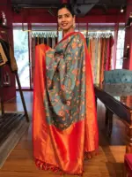 Blue Banarasi Silk Saree highlighted with Kalamkari Prints and Silk Border - Image 2