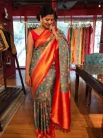 Blue Banarasi Silk Saree highlighted with Kalamkari Prints and Silk Border - Image 4