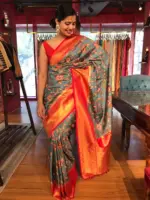 Blue Banarasi Silk Saree highlighted with Kalamkari Prints and Silk Border - Image 3