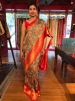 Green Banarasi Silk Saree highlighted with Kalamkari Prints and Silk Border - Image 5