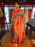 Green Banarasi Silk Saree highlighted with Kalamkari Prints and Silk Border - Image 6