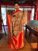 Green Banarasi Silk Saree highlighted with Kalamkari Prints and Silk Border - Image 2