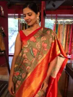 Green Banarasi Silk Saree highlighted with Kalamkari Prints and Silk Border - Image 4