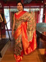 Green Banarasi Silk Saree highlighted with Kalamkari Prints and Silk Border - Image 3