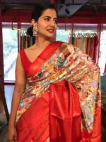 Beige Banarasi Dupion Silk Saree highlighted with Kalamkari Prints and Silk Border