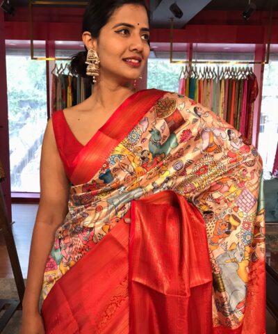 Beige Banarasi Dupion Silk Saree highlighted with Kalamkari Prints and Silk Border