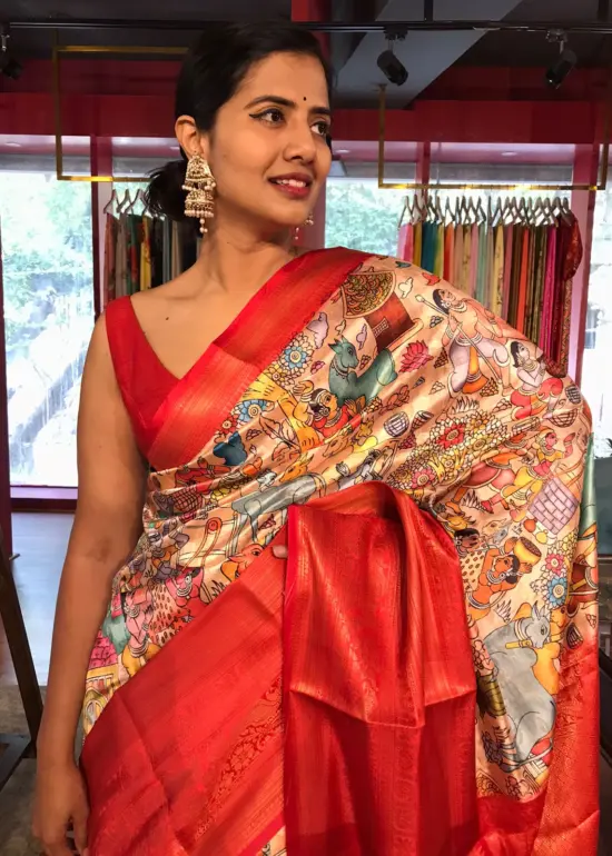Beige Banarasi Dupion Silk Saree highlighted with Kalamkari Prints and Silk Border