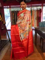 Beige Banarasi Dupion Silk Saree highlighted with Kalamkari Prints and Silk Border - Image 2