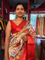 Beige Banarasi Dupion Silk Saree highlighted with Kalamkari Prints and Silk Border - Image 7