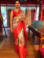 Beige Banarasi Dupion Silk Saree highlighted with Kalamkari Prints and Silk Border - Image 6