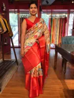 Beige Banarasi Dupion Silk Saree highlighted with Kalamkari Prints and Silk Border - Image 5