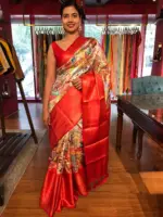 Beige Banarasi Dupion Silk Saree highlighted with Kalamkari Prints and Silk Border - Image 3