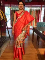 Beige Banarasi Dupion Silk Saree highlighted with Kalamkari Prints and Silk Border - Image 4