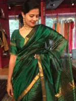 Bottle Green Mangalagiri Silk Saree woven in Gold Zari Checks - Image 6