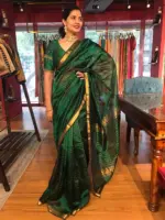Bottle Green Mangalagiri Silk Saree woven in Gold Zari Checks - Image 4