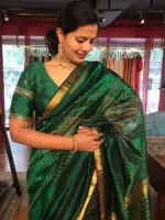 Bottle Green Mangalagiri Silk Saree woven in Gold Zari Checks