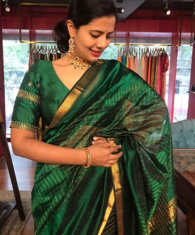 Bottle Green Mangalagiri Silk Saree woven in Gold Zari Checks