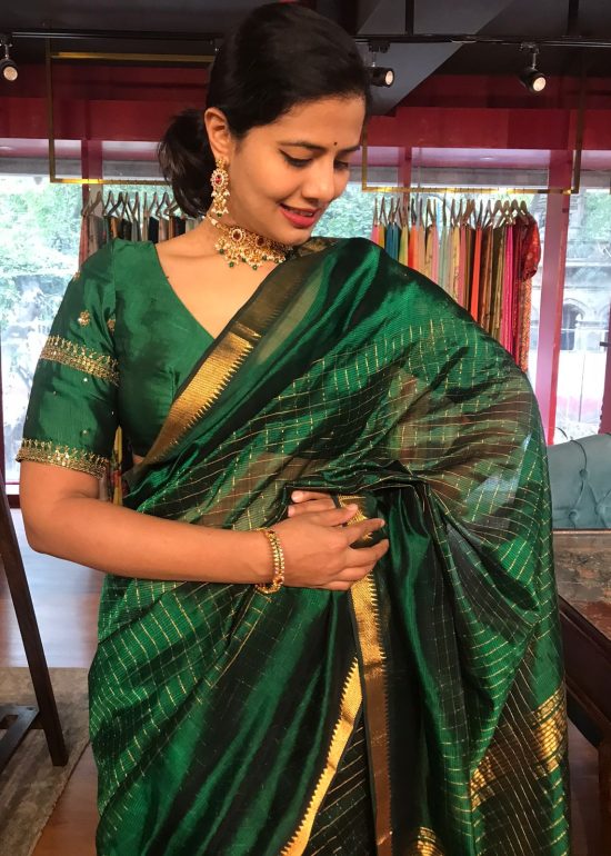 Bottle Green Mangalagiri Silk Saree woven in Gold Zari Checks